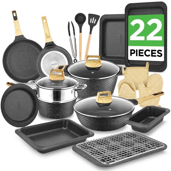 NutriChef 22-Piece Black Marble Nonstick Cookware & Bakeware Set, Professional Kitchen Collection with Multi-Size Pots, Pans & Heat-Resistant Tools