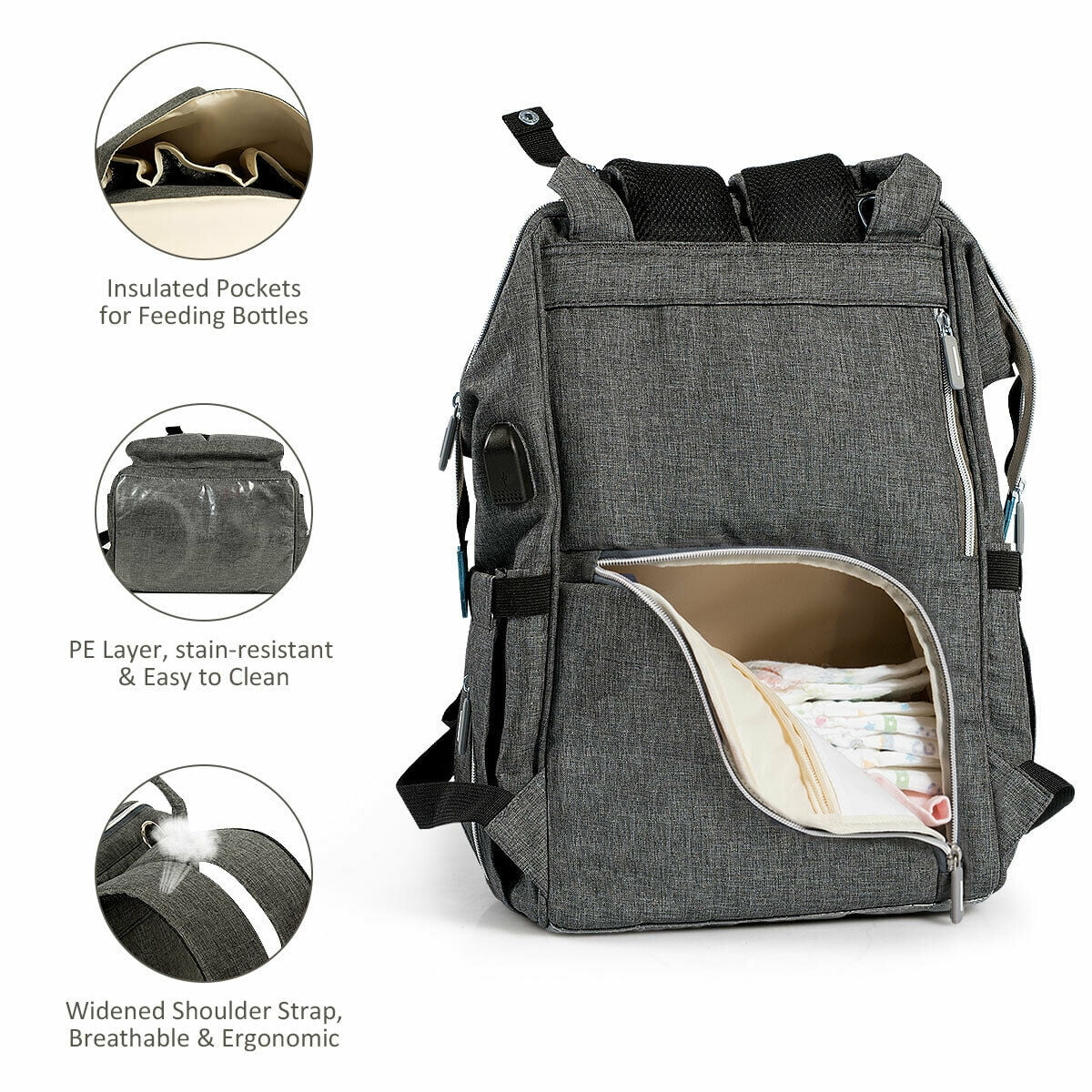 Gymax Diaper Bag Waterproof Baby Nappy Backpack w/USB Charging Port