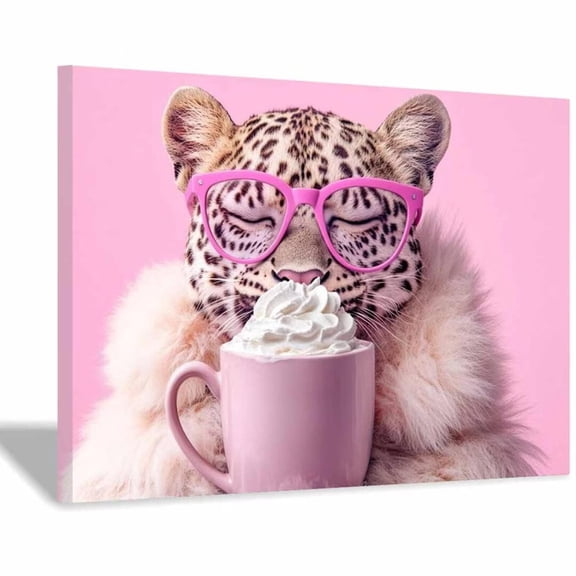Mudket Framed Cute Leopard with Pink Glasses & Coffee Canvas Wall Art, Funny Leopard Print Wall Decor, Girly Animal Wall Art Ready to Hang - 20"L x 16"W