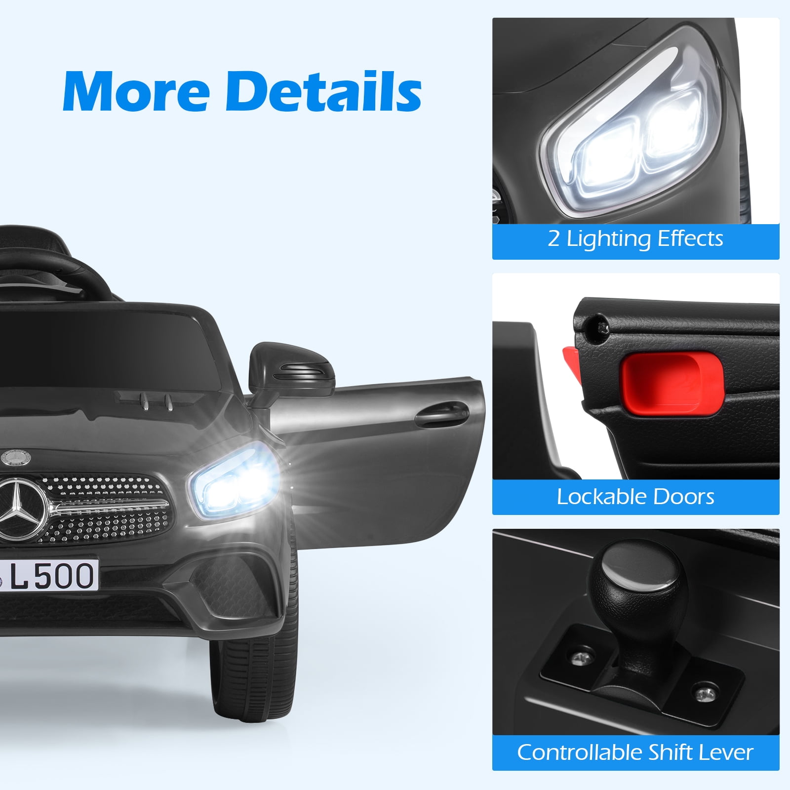 OLAKIDS 12V Electric Kids Ride On Car, Licensed Mercedes Benz SL500 Toy Car with Remote Control, MP3 Plug, USB, 2 Speeds, LED Lights, Battery Powered Toy Vehicle for Toddler Children (Black)