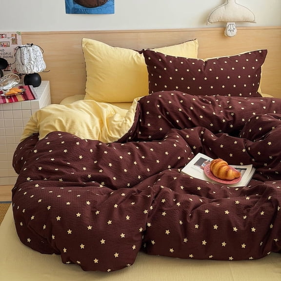 Namzi 100% Cotton 40s Soft Double Layer Gauze 4Pc Bedding Set Yellow Brown Duvet Cover Fitted Sheet 2 Pillowcases Suitable for 70.87In mattress