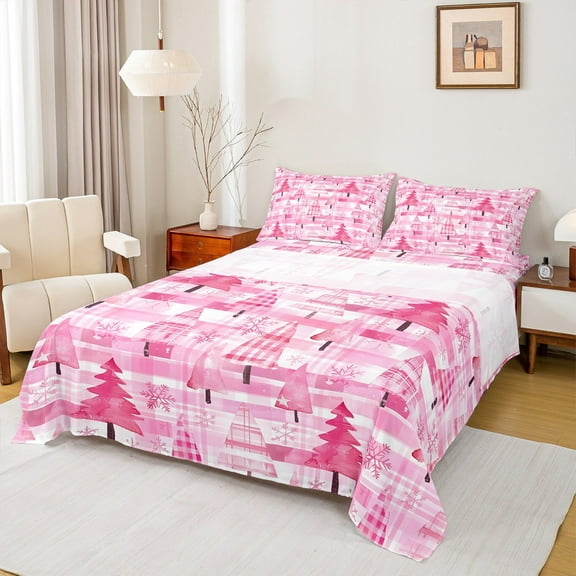 Castle Fairy Christmas Tree Girl 3pcs Twin Sheet Sets,Merry Christmas Twin Fitted Sheet,Geometric Stripes Plaid Breathable Flat Sheet,Lightweight Room Decor