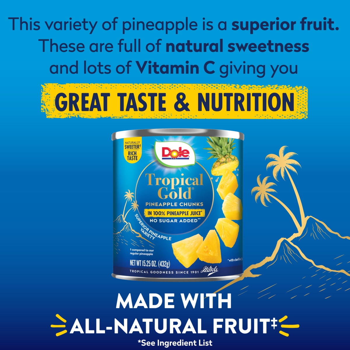 (12 pack) Dole Tropical Gold Pineapple Chunks in 100% Pineapple Juice, 15 oz Can