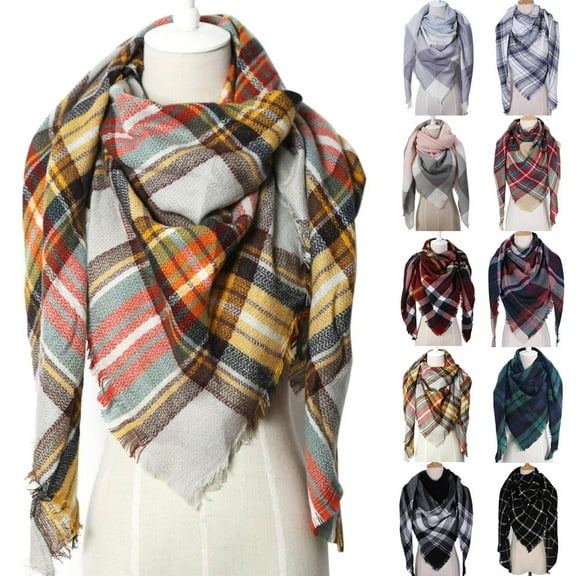 Women's Plaid Blanket Scarf Triangle Tartan Scarf Double Knitting Warm Scarf