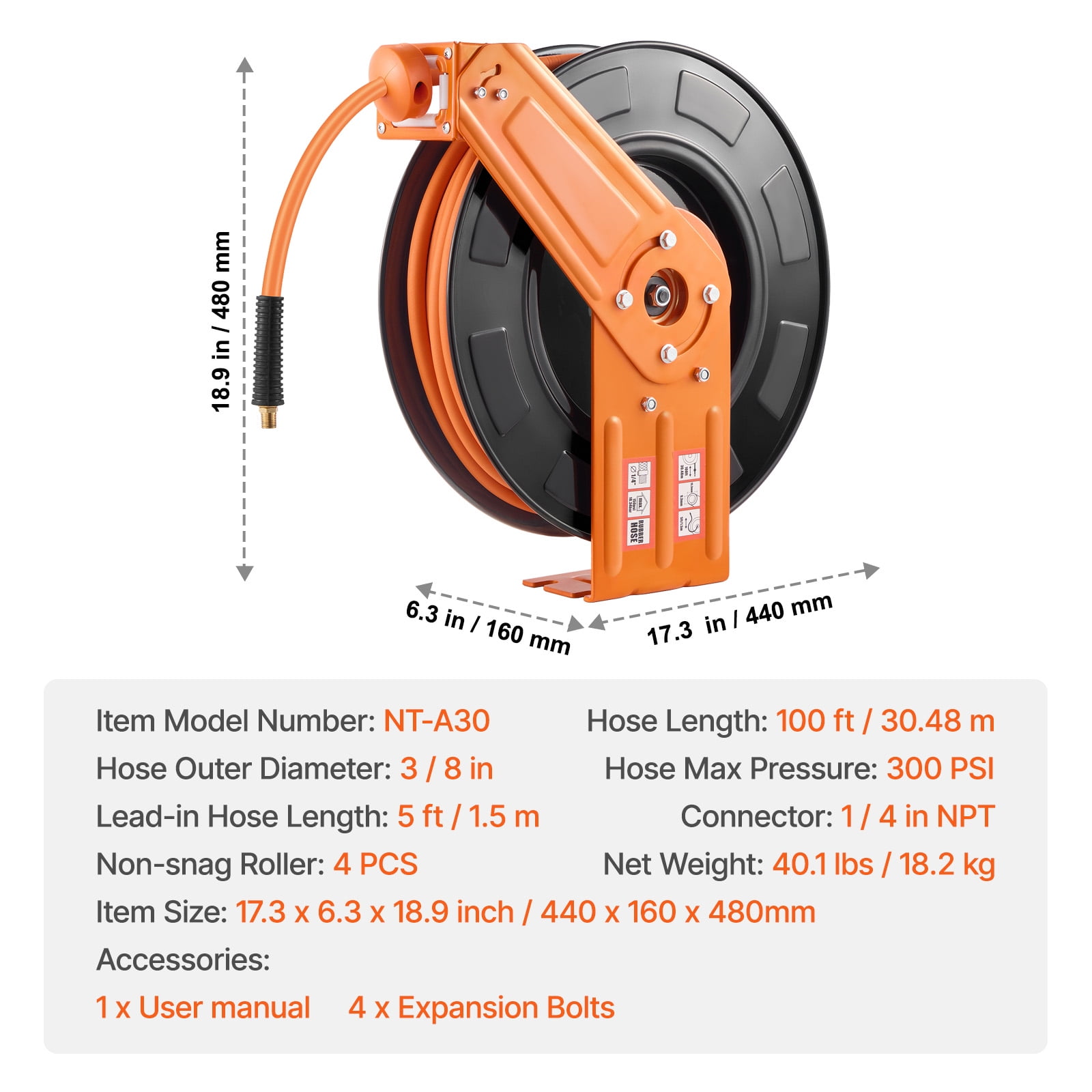 KFFKFF Retractable Air Hose Reel, 3/8IN x 100FT Durable Rubber Air Hose with a Maximum of 300PSI, Air Pump Hose Reel with 5FT Initial Lead in, Mountable on Ceiling/Wall