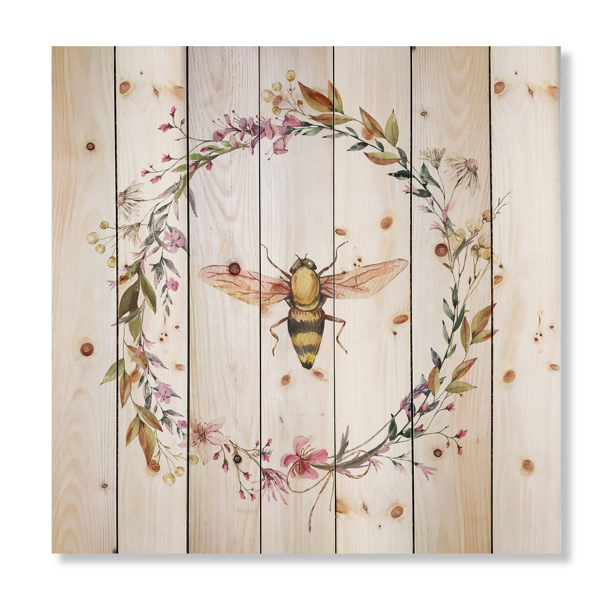 Designart 'Wildflowers Wreath and A Bee' Farmhouse Print on Natural Pine Wood
