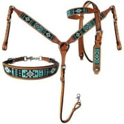 HetayC 3 Piece Argentina Cow Leather Headstall & Breast Collar Set w/Turquoise Aztec Beaded Inlays! New Horse TACK!