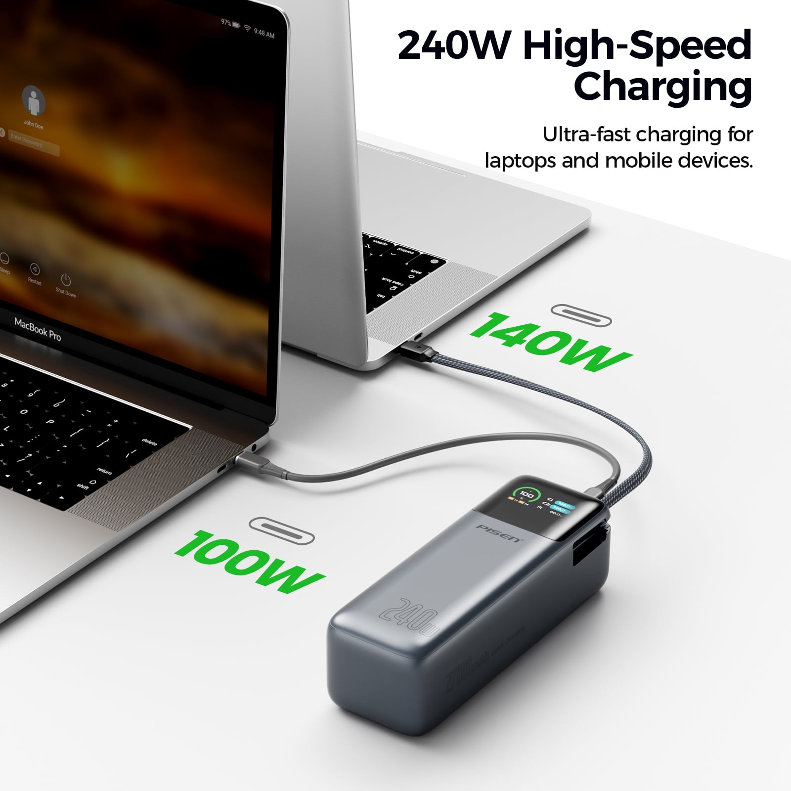 PISEN 3C Certified Power Bank, 27000mAh 240W Power Bank with Built in Cable, Travel Battery Pack Portable 3C Charger with LED Display, Portable Charger with Built in Cable for iPhone, Samsung and mor