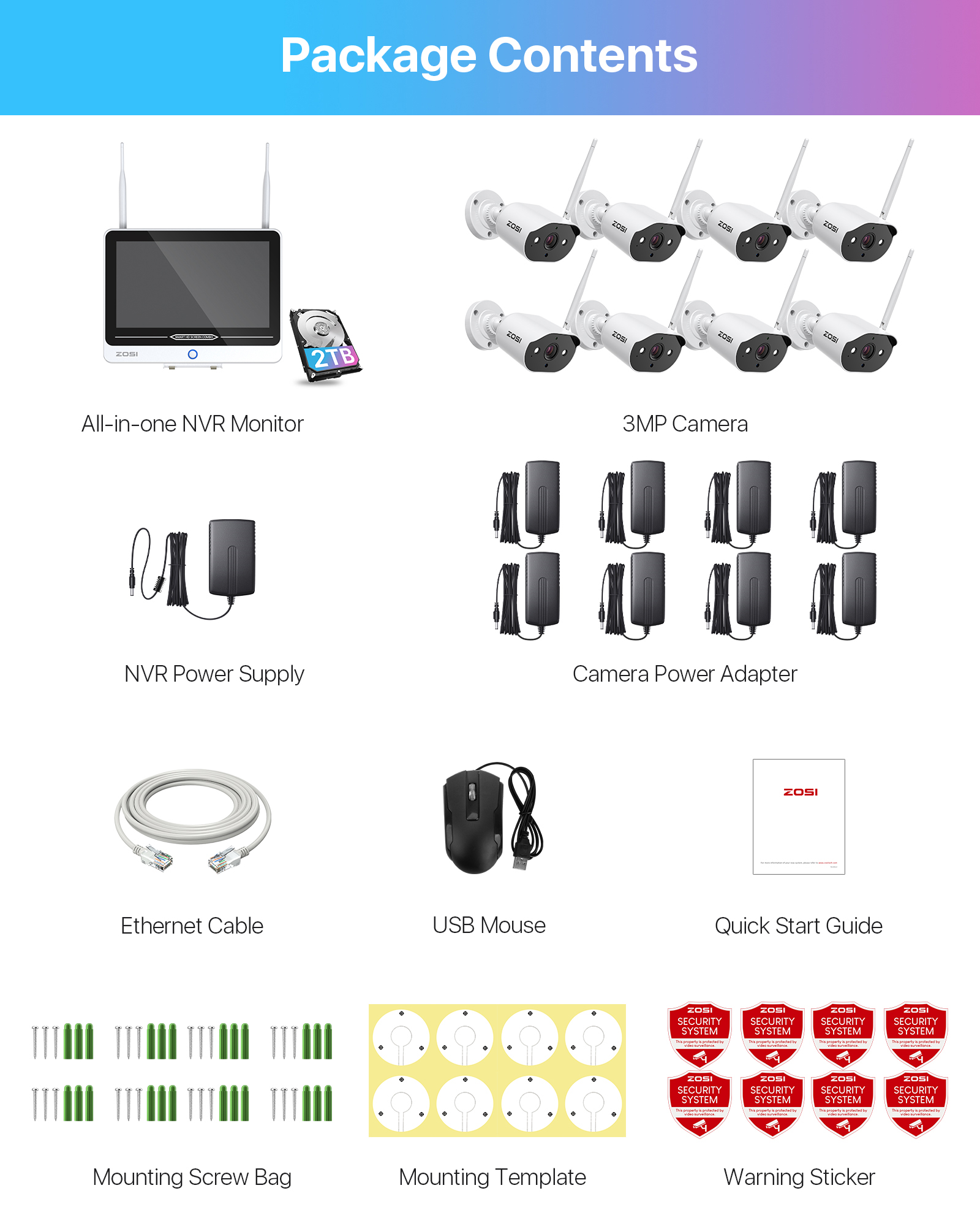 3MP WiFi Security Camera System with 12" LCD Monitor, ZOSI All in one Wireless Security Camera System, 2K Outdoor Wifi Cameras, 2 Way Audio, 100ft Night Vision, 2TB for Home Business 24/7 Recording