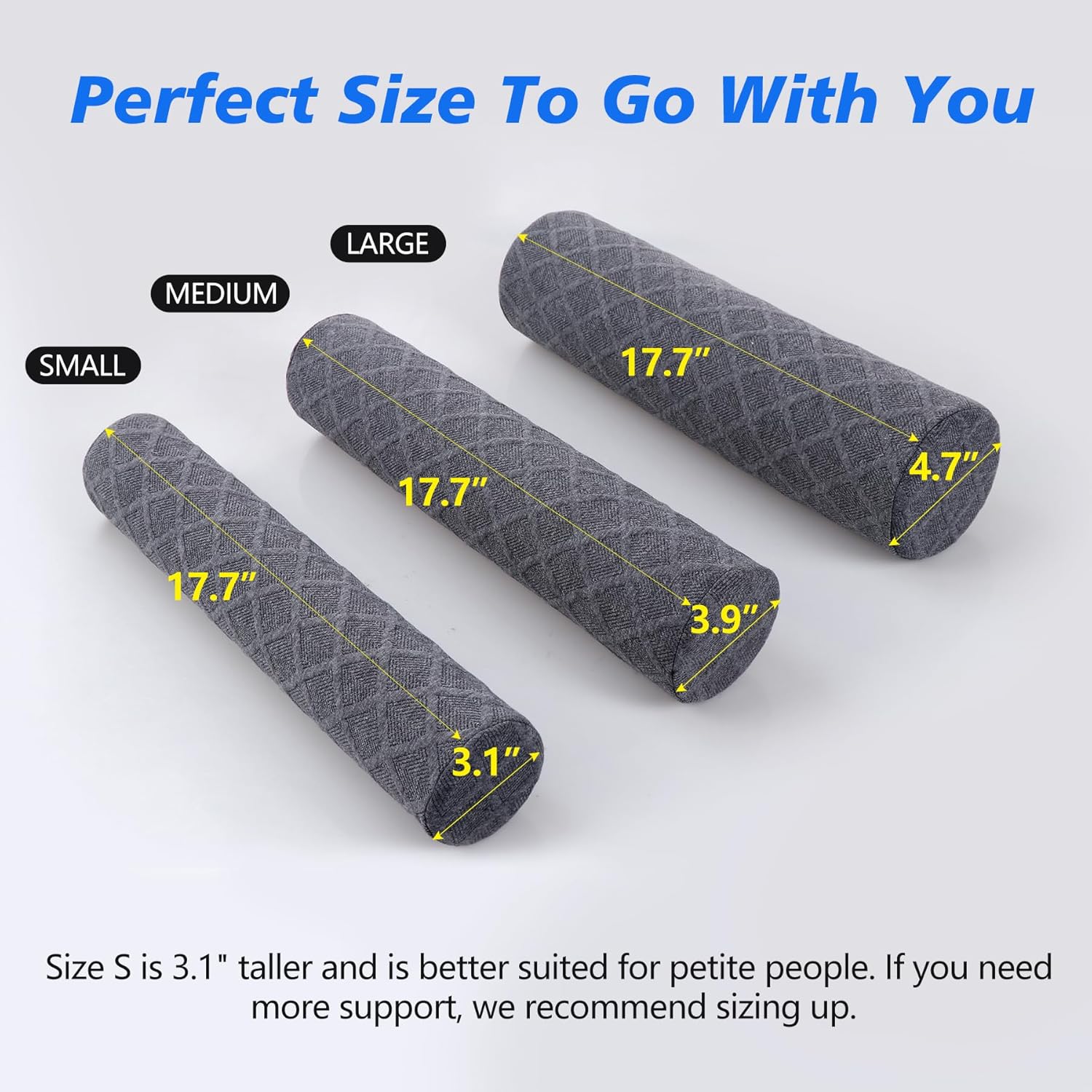 3.1" H Small Cervical Roll Pillow, Medium Soft Memory Foam Neck Round Pillow Cylinder Bolster Pillow for Sleeping, Round Neck Support for Bed, Legs, Back and Yoga (Grey, Small - 3.1" H)