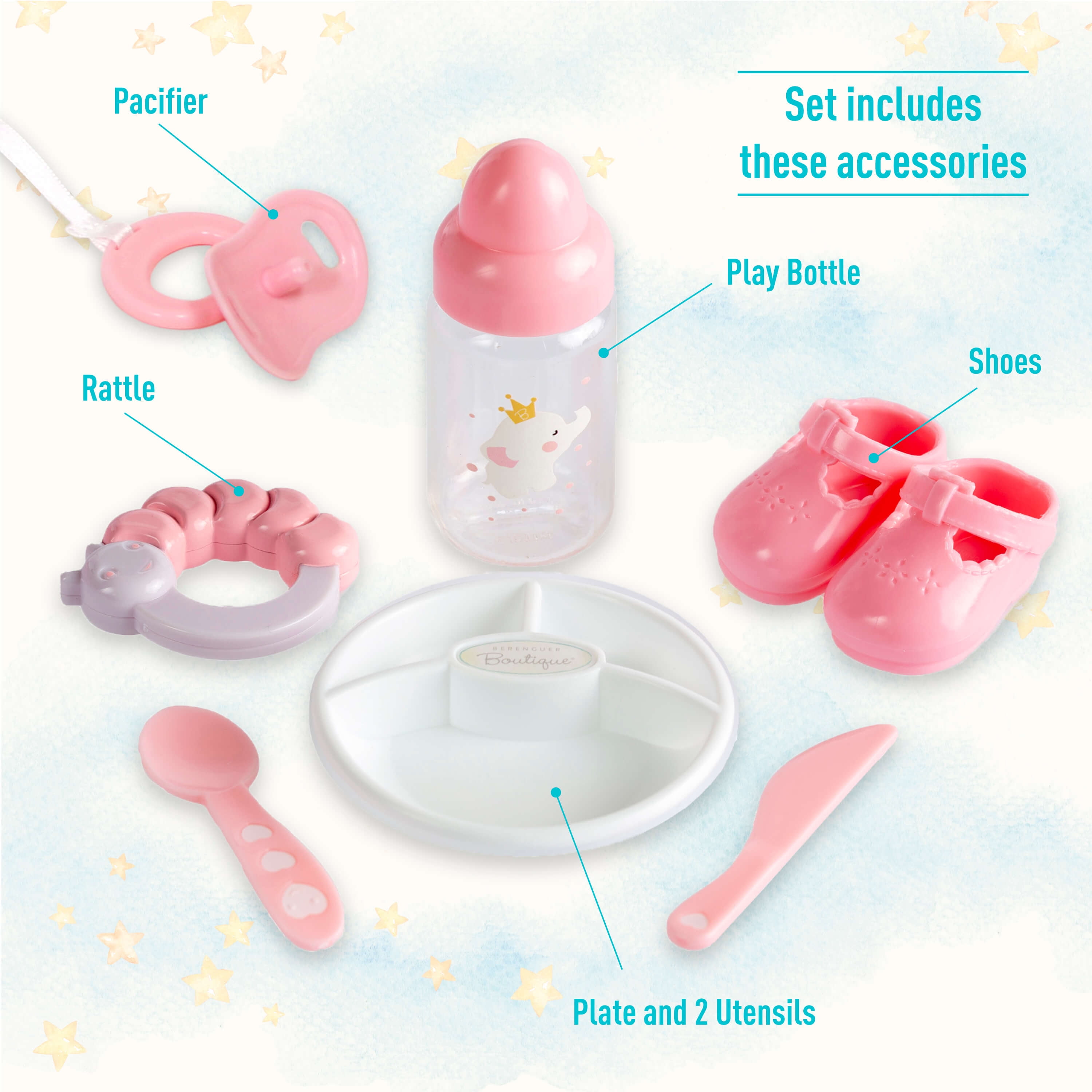  15 Realistic Soft Body Baby Doll with Open/Close Eyes, JC  Toys - Berenguer Boutique, 10 Piece Gift Set with Bottle, Rattle, Pacifier  & Accessories, Pink