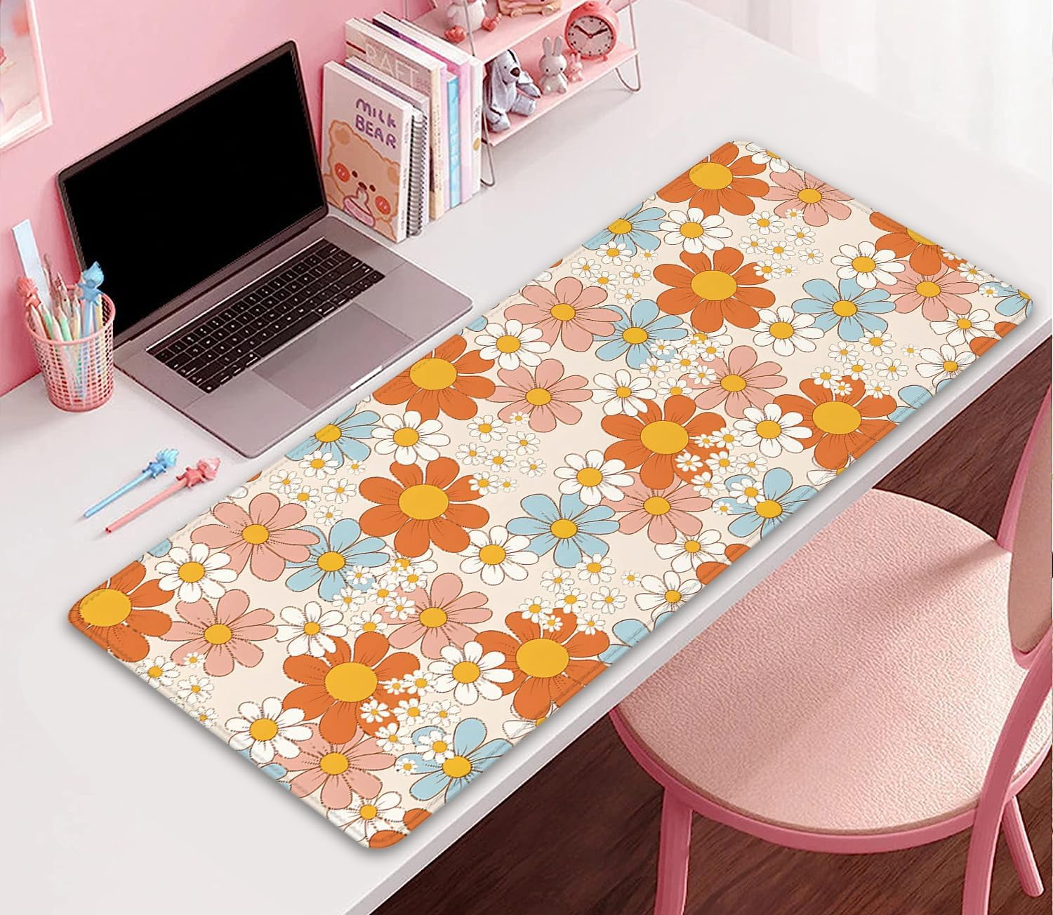 Vintage Floral Mouse Pad Daisy Desk Pad,Retro Flower Mouse Mat,Floral Desk Pad,Mouse Pad for Desk,Desk Mat for Desktop,Keyboard and Mouse Pad,Gaming Mouse Pad Mousepad for Computer Office Home Work