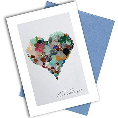 Single Sea Glass Heart Note Card. 3x5 Blank Card with Classy Envelope. Best Birthday Cards, Thank You Notes & Invitations. Unique Christmas, Mother's Day & Valentines Gifts for Women,