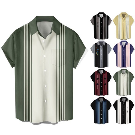LRGSHF Men's Button Down Short Sleeve Shirts Retro Bowling Shirt Summer Basic Camp Collar 1950s Vintage Blouse Breathable Vacation Tops with Pocket