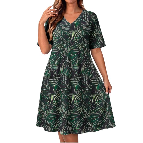 Lopecy-Sta Womens Dresses Short Sleeve V Neck Leaf Print A Line Midi Dress Casual Summer Beach Vacation Party Dress