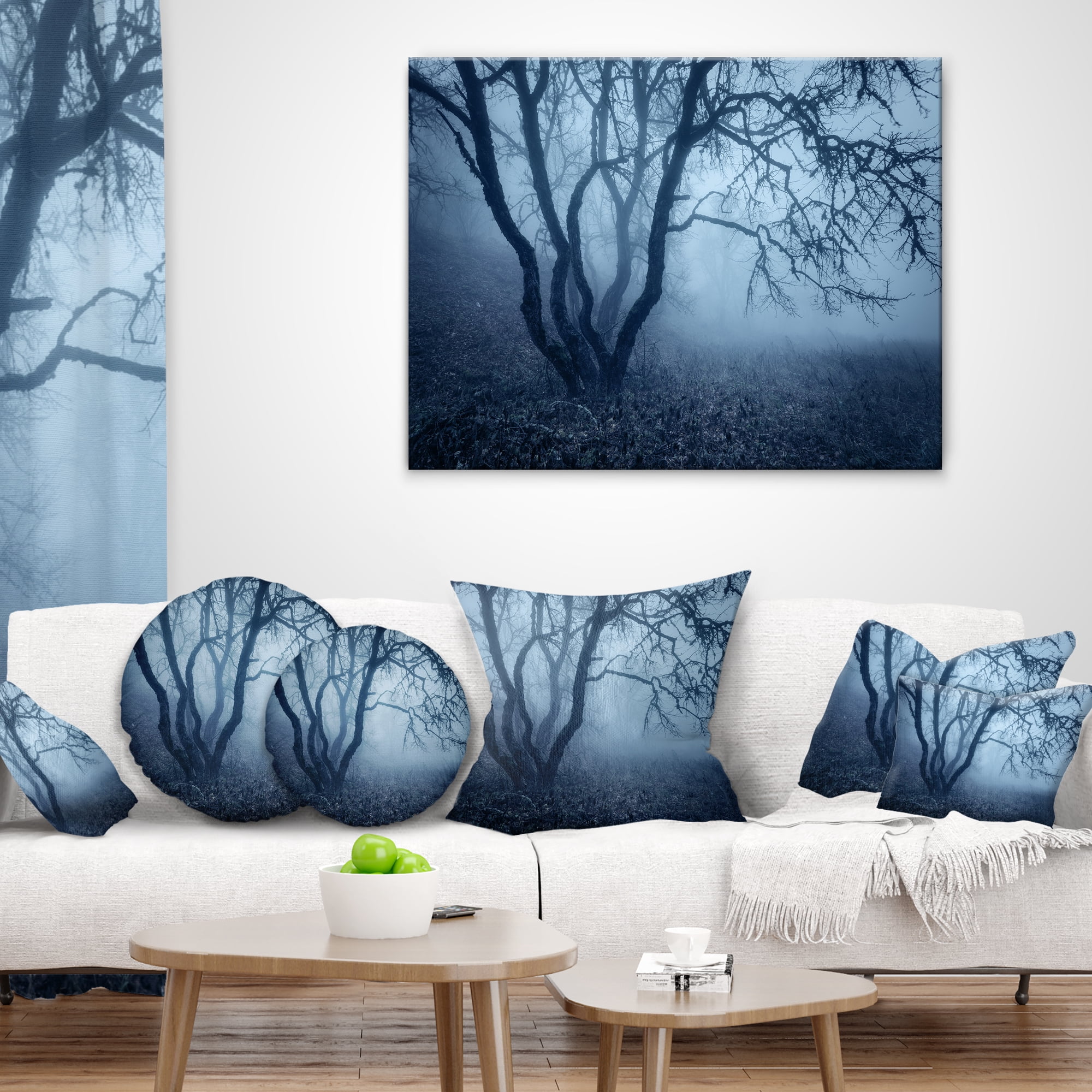 Designart Tree in Foggy Dark Forest - Landscape Photography Throw Pillow - 12x20