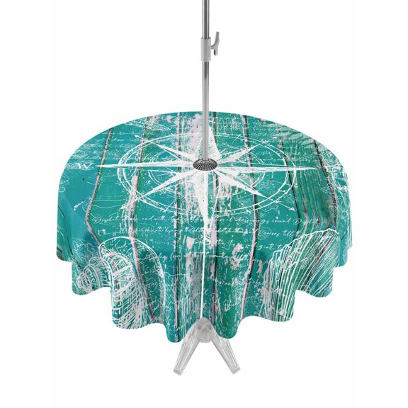 Outdoor Tablecloth with Umbrella Hole for Patio/Picnic/Party/Camping, Summer Coastal Waterproof Table Cloth Round Cover Washable, Ocean Compass Starfish Shell Conch Blue Green (Dia 60")