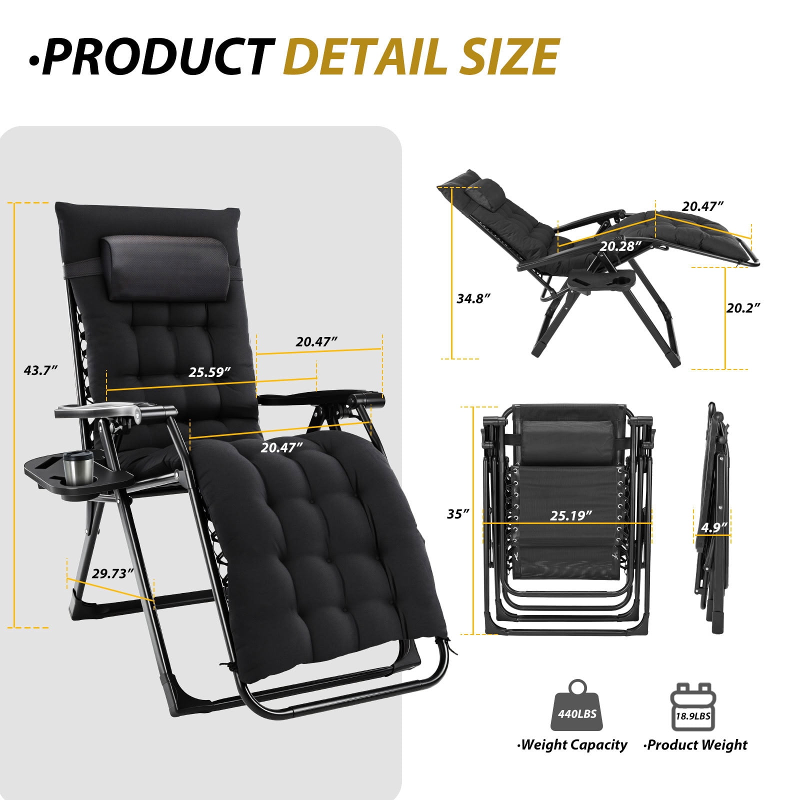 MAYEERTY Lockable Outdoor Zero Gravity Chair, Foldable Reclining Patio Lounge Chair with Removable Cushion & Cup Holder Tray, for Lawn Pool Beach Balcony