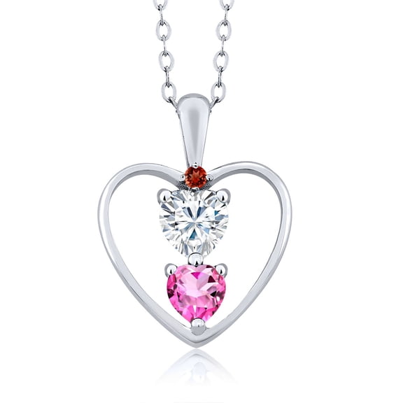 Gem Stone King 925 Sterling Silver White Moissanite Pink Mystic Topaz and Red Garnet Pendant Necklace for Women (0.75 Cttw, Gemstone Birthstone, Heart 5MM and 4MM, with 18 inch Silver Chain)