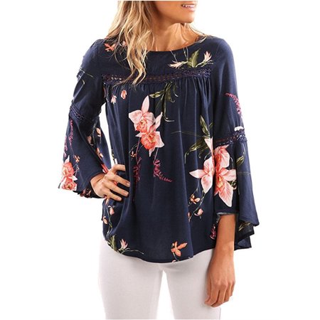 - Flower Print Women Trumpet Sleeve Casual Chiffon Blouse