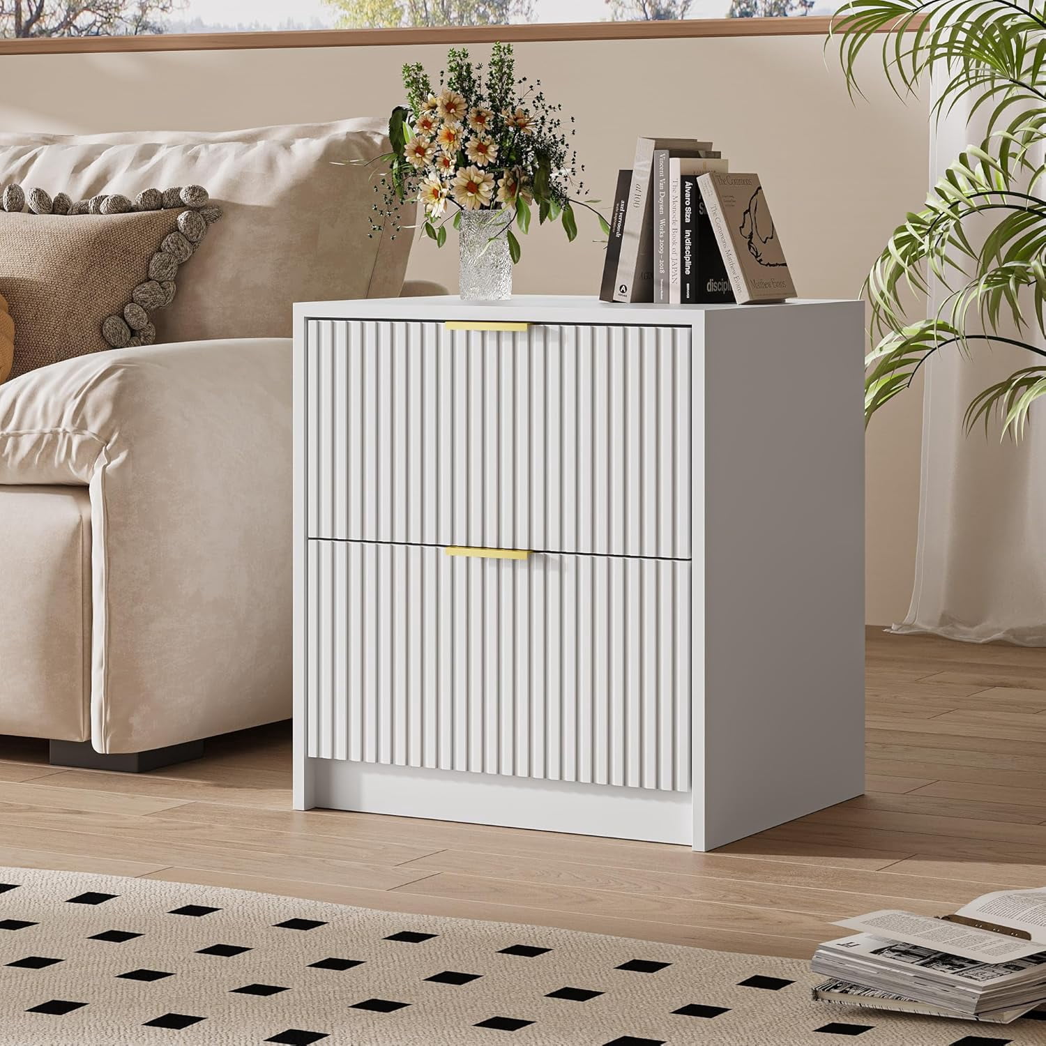 FURNIWAY Set of 2 Fluted Nightstand with 2 Drawers, Modern Storage Bedside Table with Golden Metal Handles, Wooden End Table for Bedroom, Living Room, White