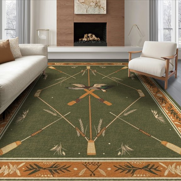 ODIKA 8'x10' Washable Area Rug Olive Green Hunting Duck Design Vintage Fishing Motif with Cattail Border for King Size Bedroom Under Bed, Master Suite, Non-Shedding, Easy Care