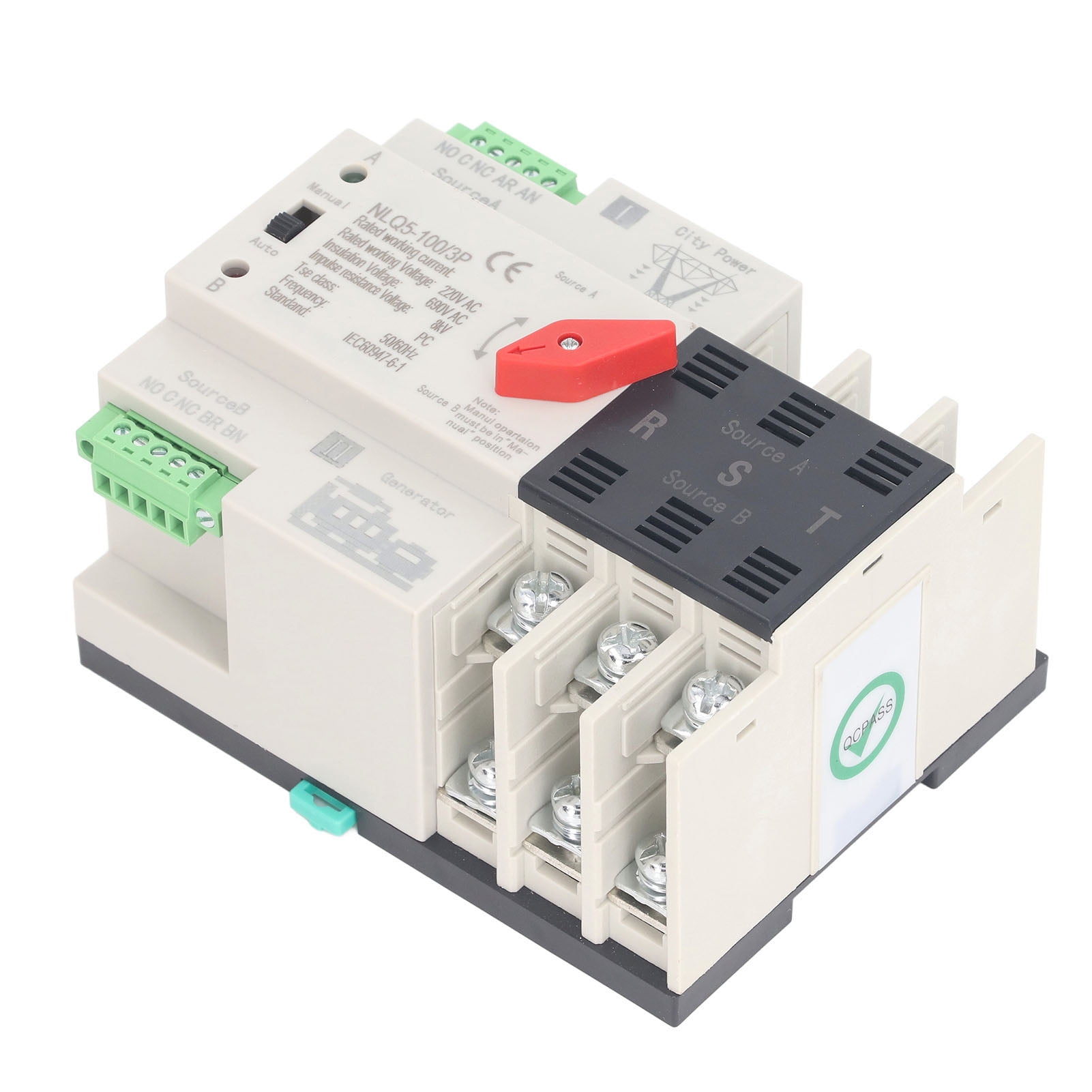 Transfer Switch, Dual Power Automatic Transfer Switch 3P Millisecond Fast Switching Timing Controller AC220V Rail Type ATS Mains to Motor (63A)