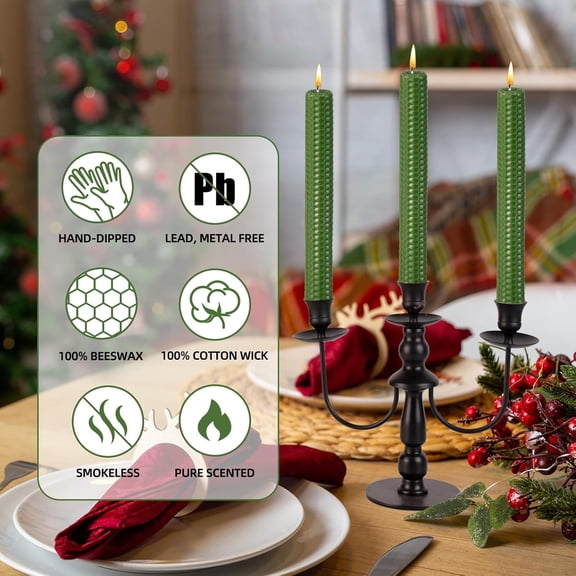 Chenran-Green Beeswax Taper Candles, 0.87 inch x 7.87 inch Hand-Rolled, Unscented, Smokeless Beeswax, Long Burning Time, Flat Top (Pack of 3), for Weddings, Dinner Parties, Spas, and Home Decor