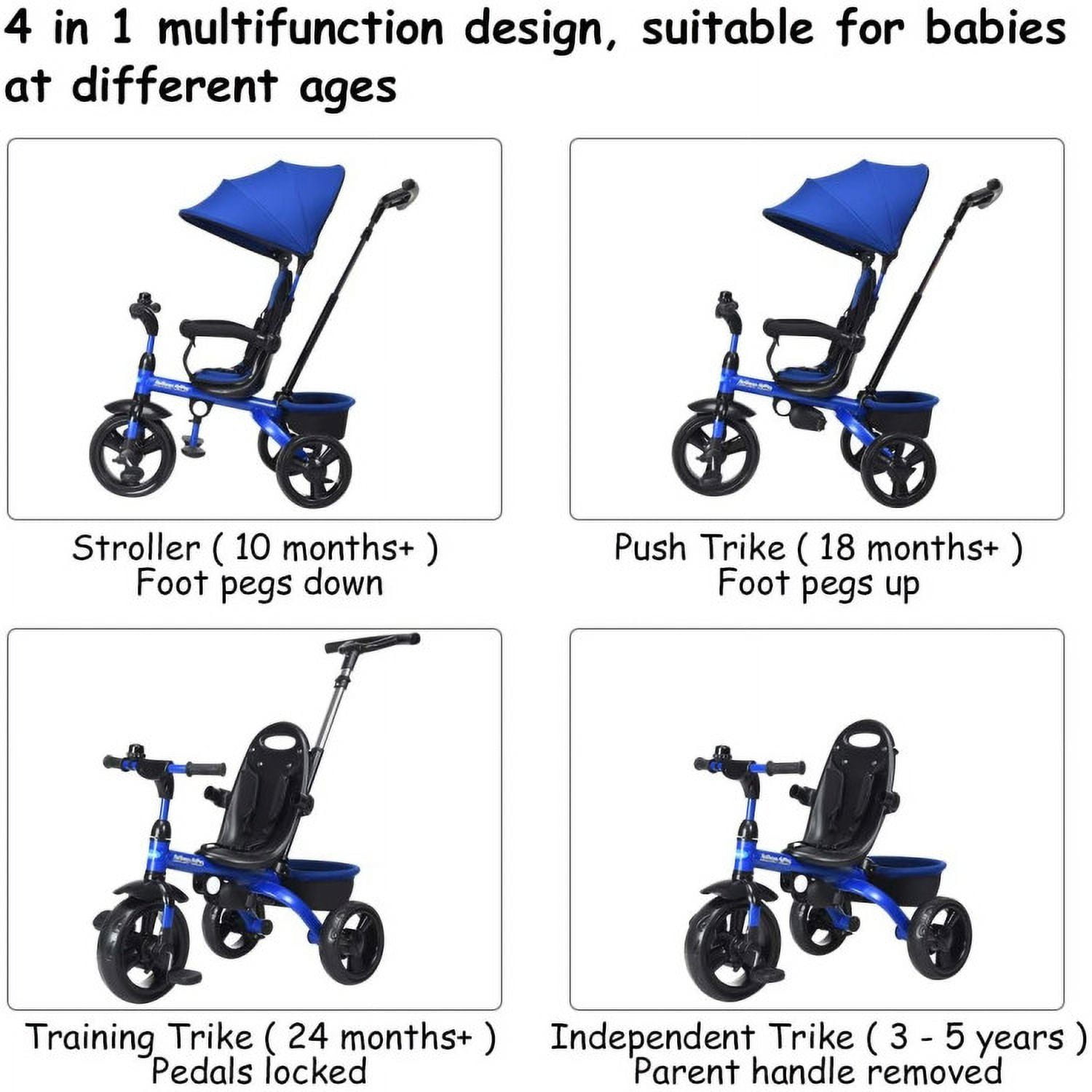 Barara King Travel Stroller,Baby Wagon,4-in-1 Kids Tricycle with Adjustable Push Handle-Blue