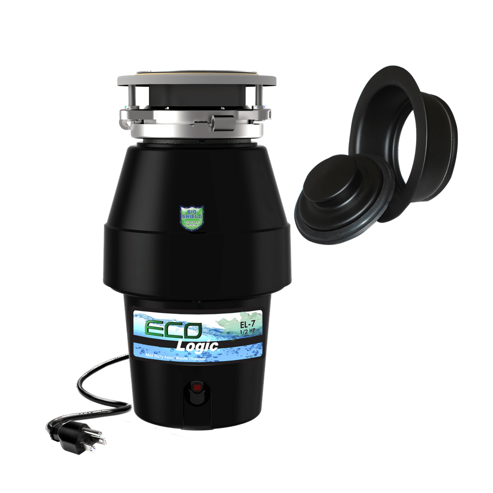 Eco Logic 1/2 HP Garbage Disposal with Black Sink Flange, Attached