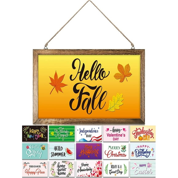 Rustic Wood Hanging Picture Frame with 16 Interchangeable Seasonal Designs Farmhouse Wall Signs Porch Decorations for Summer Holiday Home Decor, 11.8 x 7.9 Inches