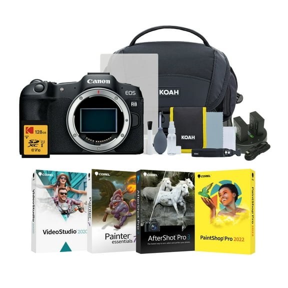 Canon EOS R8 Mirrorless Camera with 128GB SD Card, Software Suite, 2 Extra Batteries with Dual Charger, and Gadget Bag with Accessories Bundle