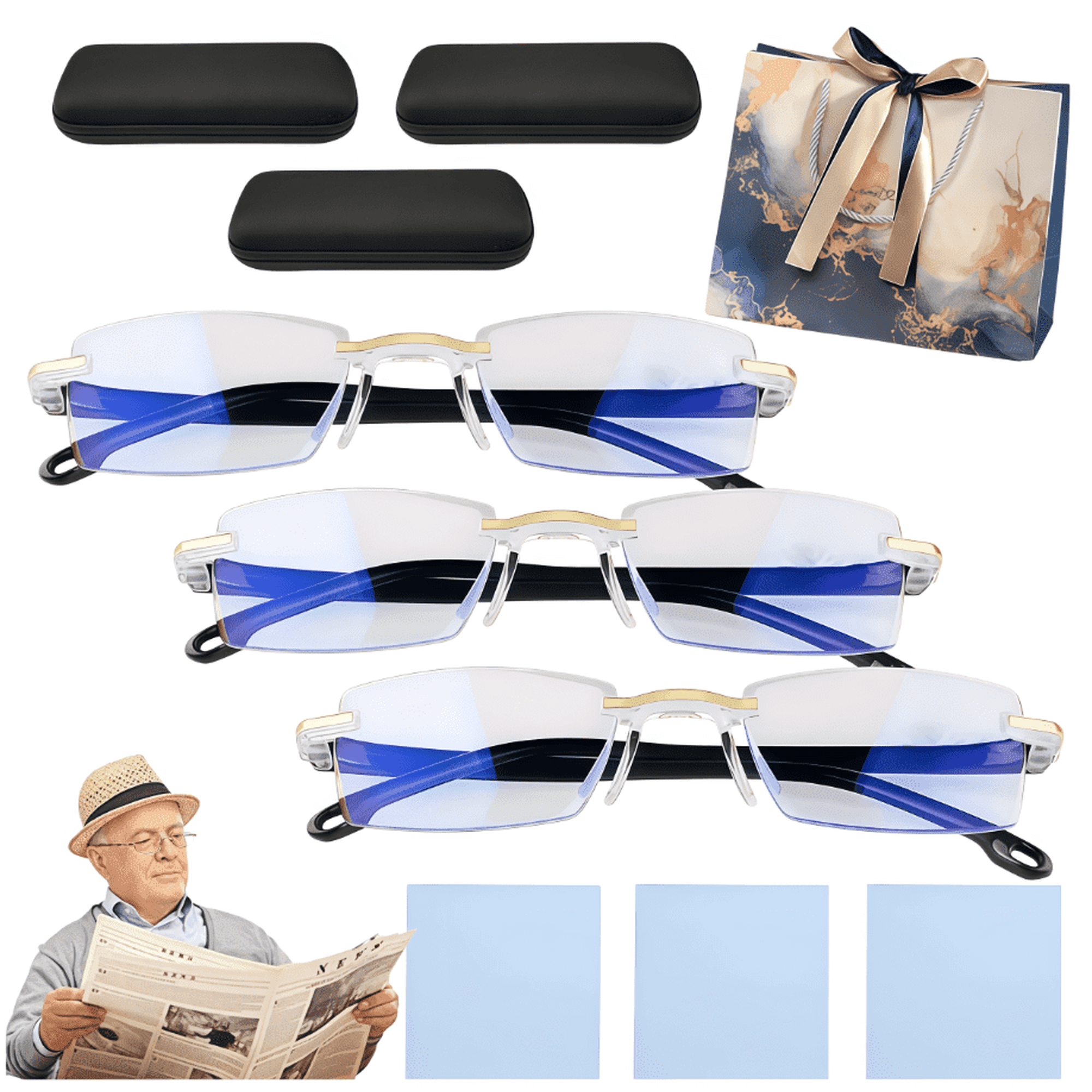 3Pcs Clarity Blue Glasses Self Adjusting, Automatic Adjustment Blue Ease Optics Glasses, Anti-Glare Protection Eye Glass for Men/Women