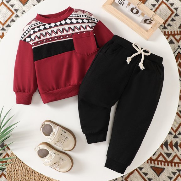 Baby Outfits Boy 12 Months Long Sleeve Plaid Patchwork Pullover Tops and Jogger Pants Kids Winter Clothes 2 Piece Outfits,12-18 Months