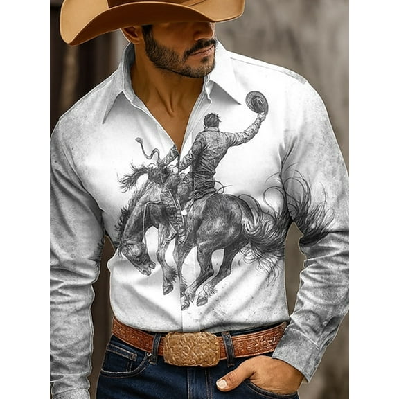 Long Sleeve Button Down Shirts for Men ,Cowboy Horse Printed V-Neck Casual Button Up Shirt Men White L