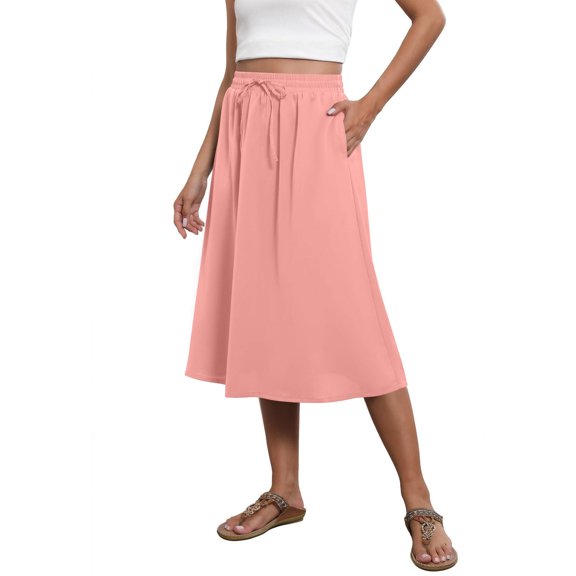JYnXIANTI Skirts for Women High Waisted Knee Length Skirt with Drawstring Pockets Summer Casual Flowy Skirts for Daily Wear