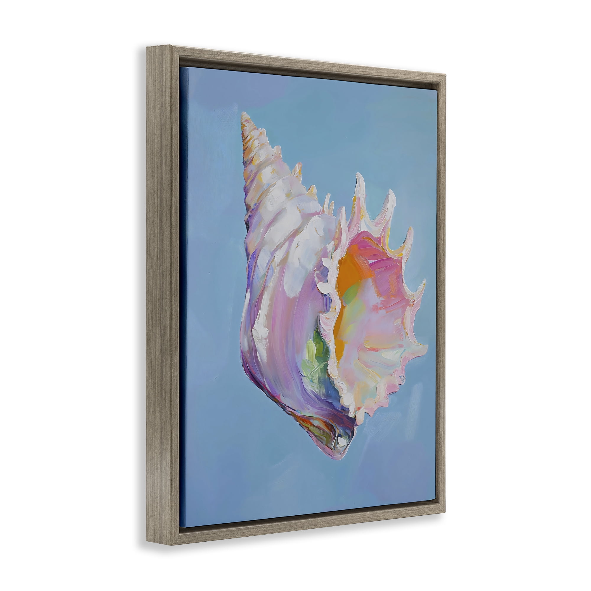 Stupell Industries Pastel Hued Conch on Blue Brown Framed Floater Canvas Wall Art, design by The Prints Vibe