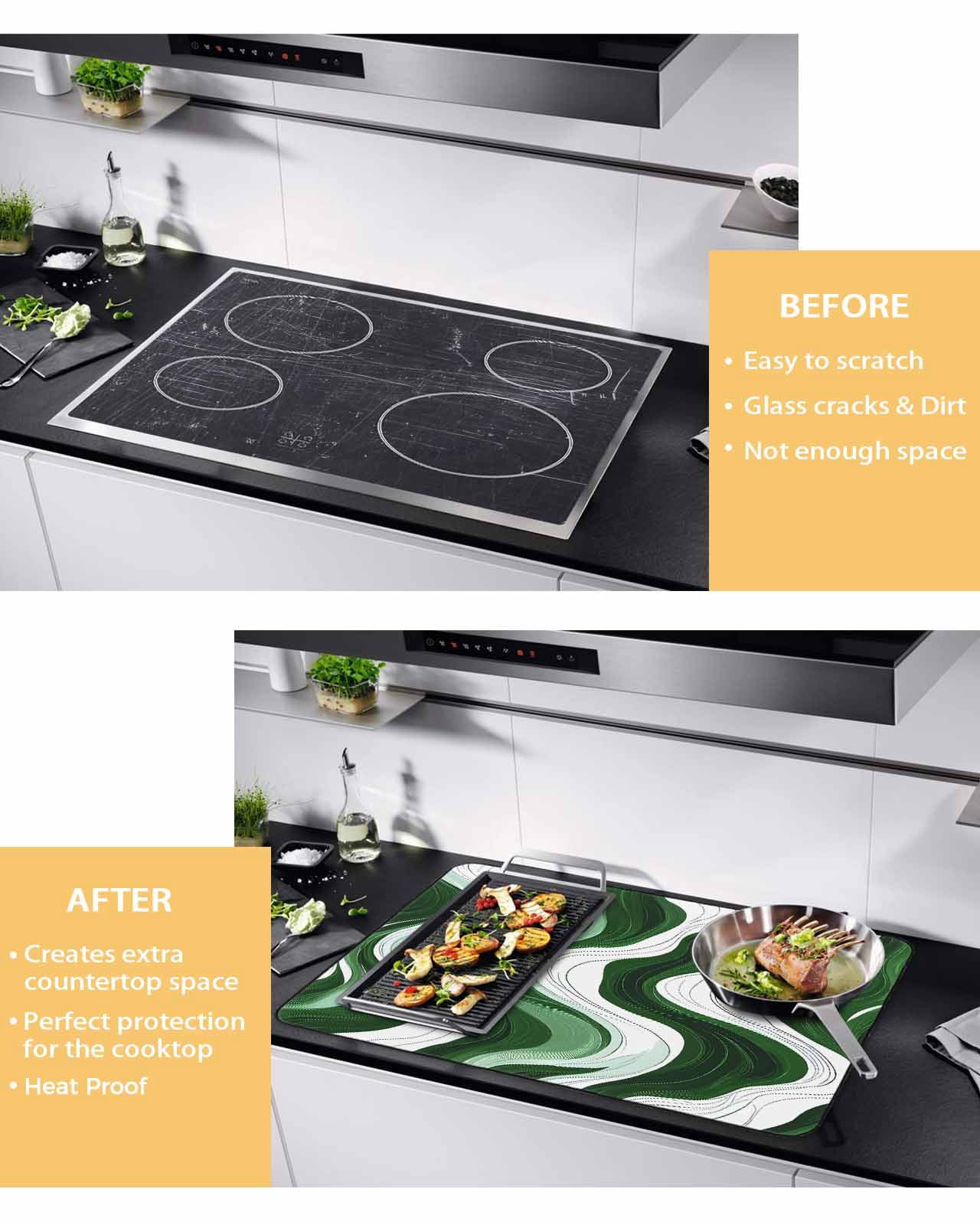 nqOlkjepod Large Induction Cooktop Protector Mat 24"x21", Green Stripe Stove Top Covers for Electric Stove, Geometric White Wave Modern Ocean Stove Burner Cover Mats, Glass Top Stove Cover