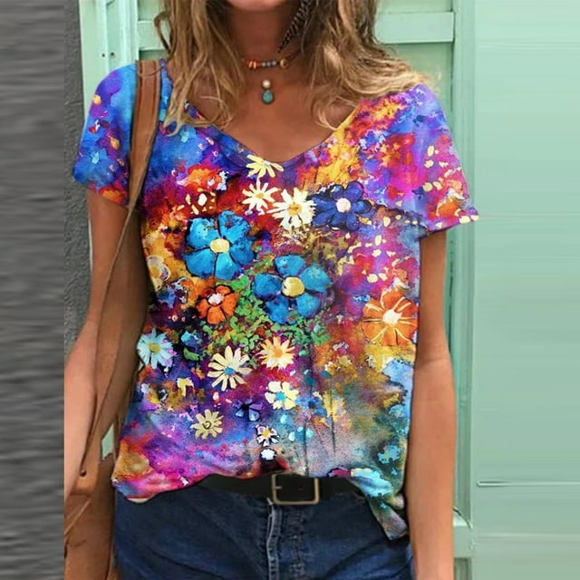 Hauts à Manches Courtes Grande Taille pour Femmes, Mode Féminine, Col Rond Imprimé, Blouse Décontractée Ample, T-Shirt Col en V pour Femmes en Liquidation