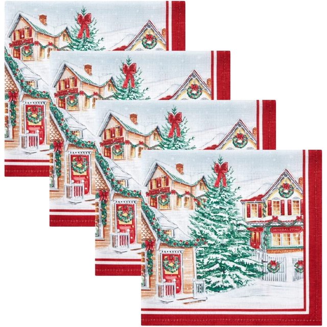 Serviette en Tissu Village de Noël, Ensemble de 4, 17"X17 Pouces, Multi