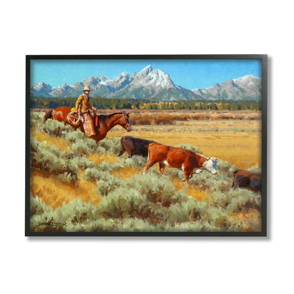 Western Ranch Horse Cattle Animals & Insects Painting Black Framed Art Print Wall Art