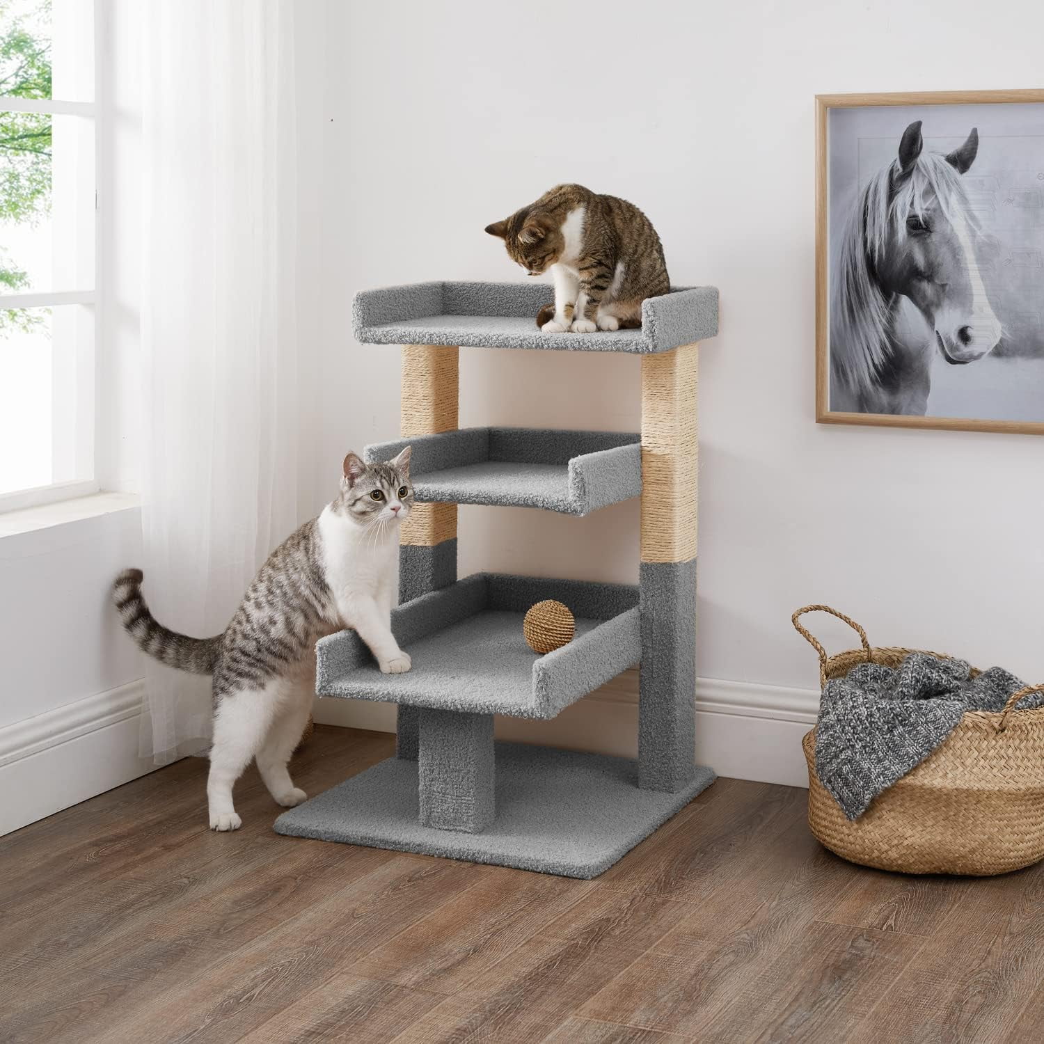 Naomi Home Nala Cat Tree for Large Cats, Cat Activity with Scratching Post, Cat Tower for Large Cats, 3 Level Cat Play Perch, Cat Climbing Tower, Cat Tree for Indoor Cats, Multi-Level Cat Condos-Gray