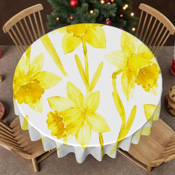 RKSupls 60 Inch Yellow Daffodils Watercolor Pattern Round Tablecloth, Polyester Tablecloths - Kitchen Accessories Stain Resistant & Washable Decor, Wedding, Party, Holiday, Home Dining