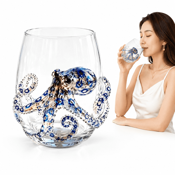 Artisanal Blue Ringed Octopus Glassware, 2026 New 3D Octopuses Stemless Wine Glasses,Artistic 3D Octopuses Stemless Wine Glasses, Handcrafted Marine Animal Bar Glass, Gift for Ocean Lovers
