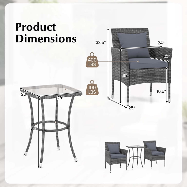 Costway 3-Piece Wicker Patio Set with Cushions, Gray photo 3