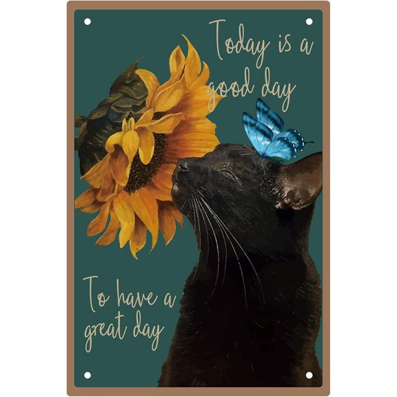 Cat Wall Art Sunflower Metal Sign Black Cat Decor Vintage Retro Hanging Iron Painting Poster Plaque for Indoor Outdoor Bathroom Coffee Shop Farm Garden Funny Decorations Gift 8 x 12 Inch