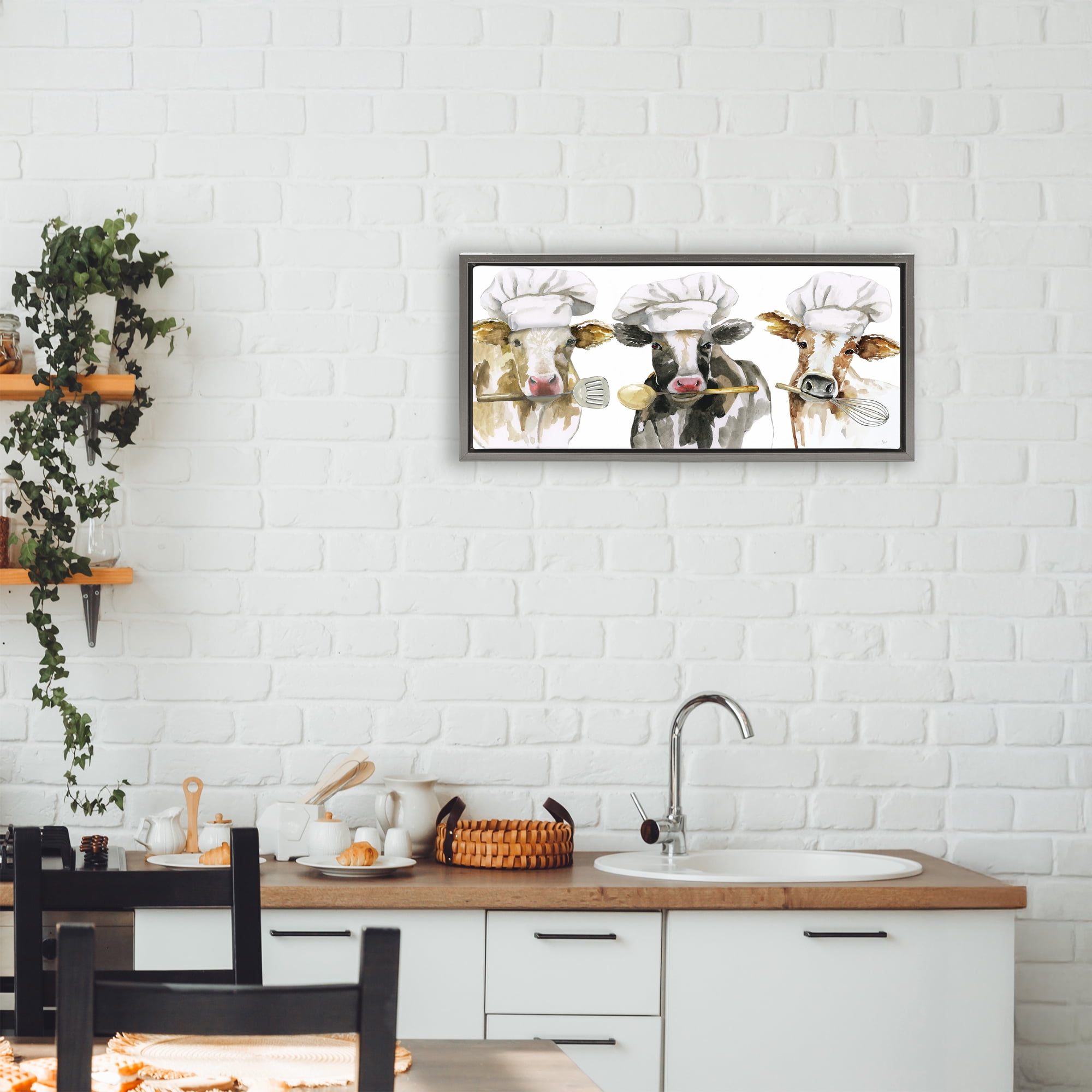 Stupell Industries Cow Chefs with Utensils Gray Framed Floater Canvas Wall Art, design by Nan