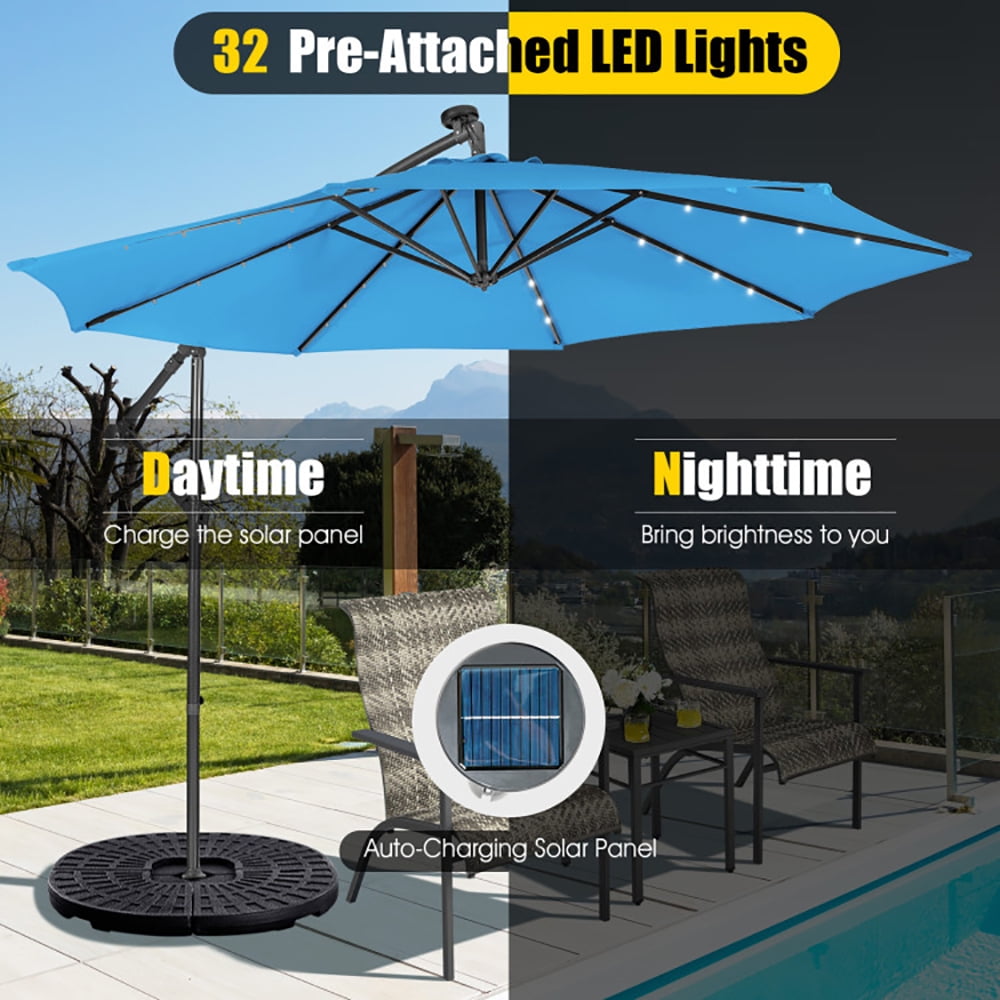 Aimee Lii 10 Feet Patio Solar Powered Cantilever Umbrella with Tilting System, Sunbrella Patio Umbrellas, Blue Aimee Lii 10 Feet Patio Solar Powered Cantilever Umbrella with Tilting System, Sunbrella Patio Umbrellas, Blue