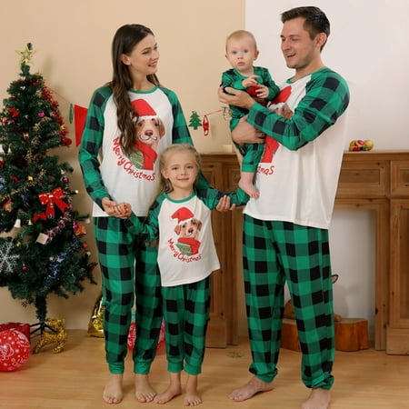

SYNPOS Family Matching Pajamas Set Dad Mom Kid Baby Christmas Cute Dog Plaid Sleepwear