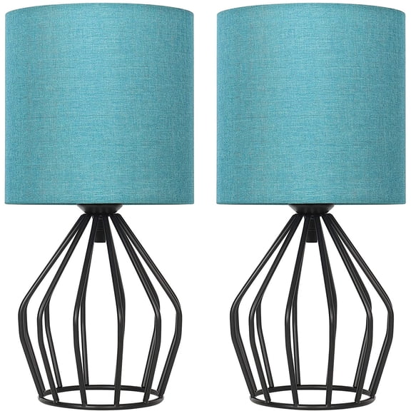 Modern Black Metal Table Lamps Set of 2 for Bedroom, Blue Fabric Shade by Oumilen